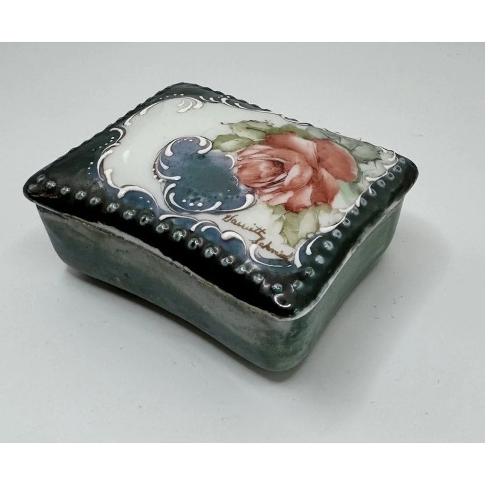 Vintage Porcelain Hand Painted Dresser Vanity Trinket Box Signed Blue Floral